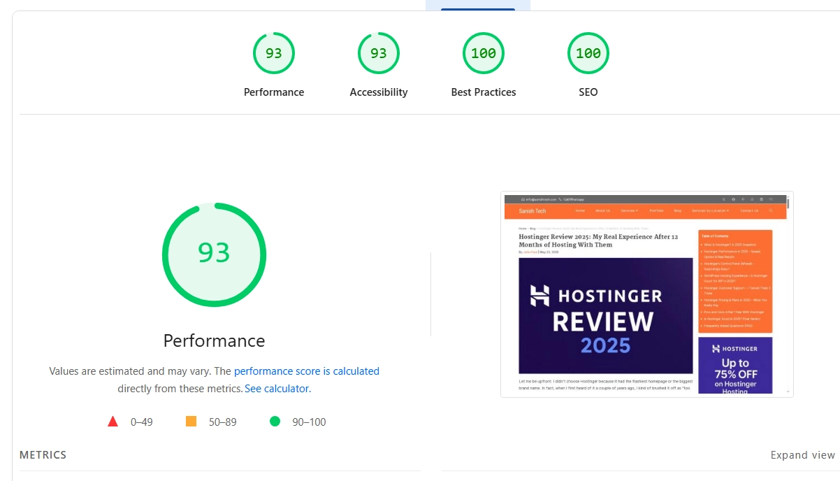 PageSpeed performance test from a WordPress website hosted on Hostinger