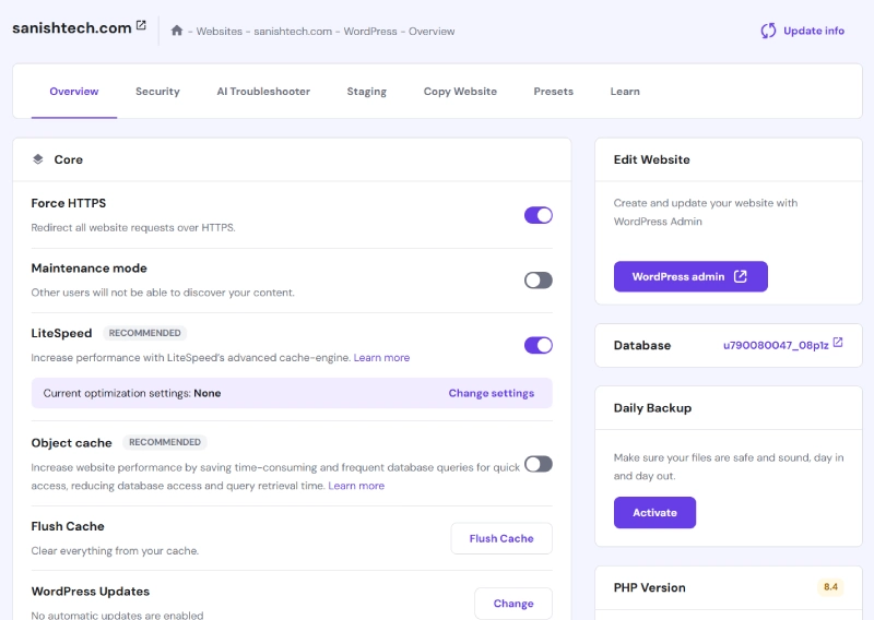 Wordpress Features in Hostinger
