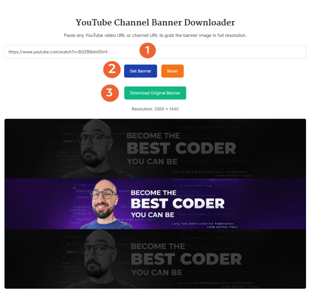 Screenshot of YouTube Channel Banner Downloader showing input field, Get Banner button, and full-resolution banner preview with download option