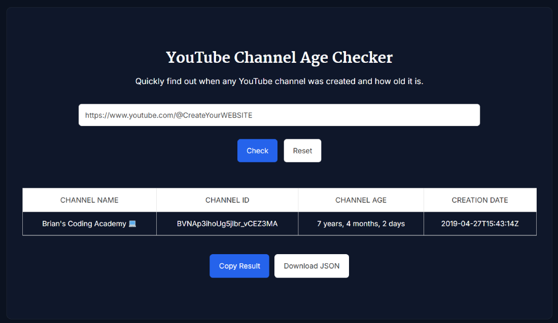 YouTube Channel Age Checker tool interface showing channel age and creation date