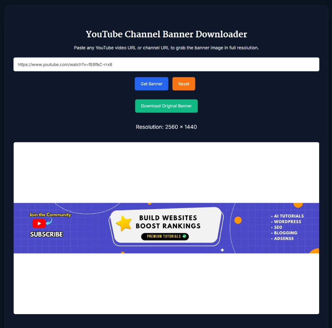 YouTube Channel Banner Downloader interface with banner preview