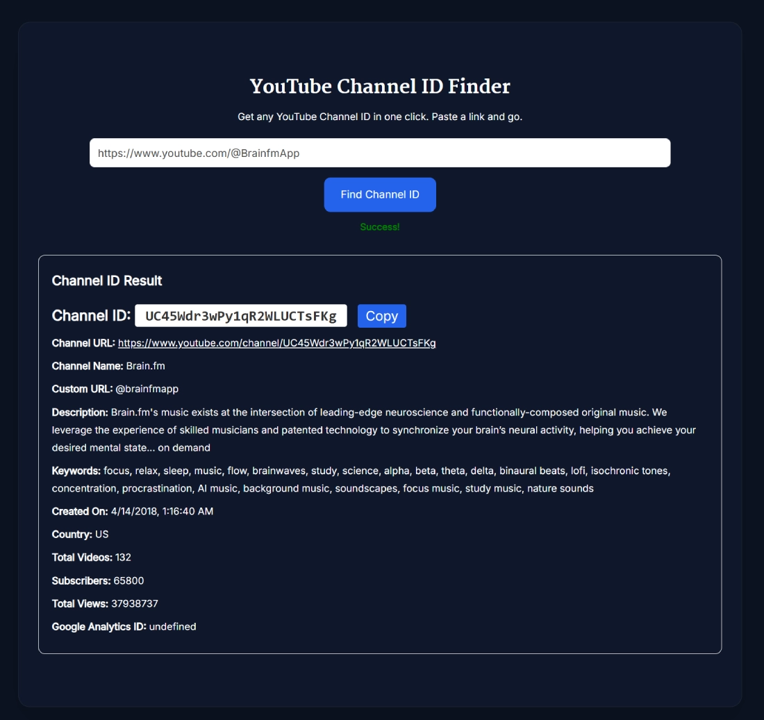 YouTube Channel ID Finder tool interface with result