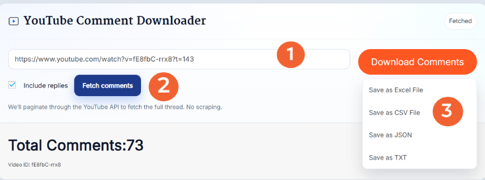 YouTube comment downloader with export dropdown for Excel, CSV, JSON, and TXT