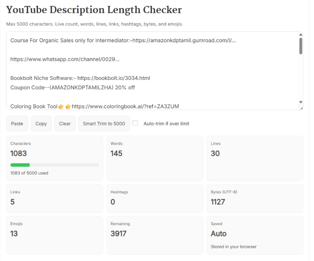 YouTube Description Length Checker tool showing character and word count.