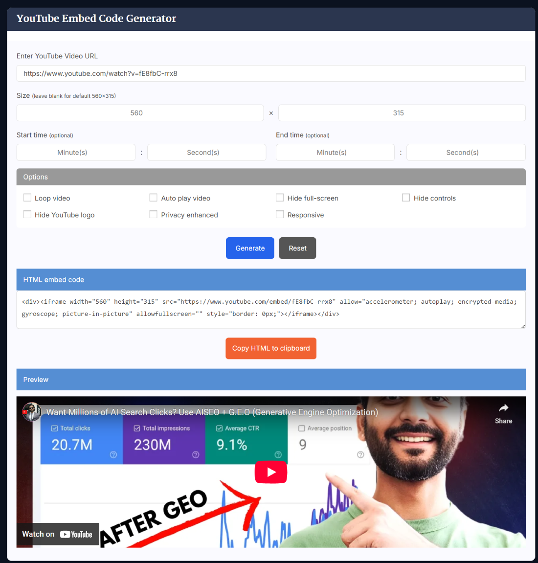 YouTube Embed Code Generator interface showing video URL input, options, and generated embed code