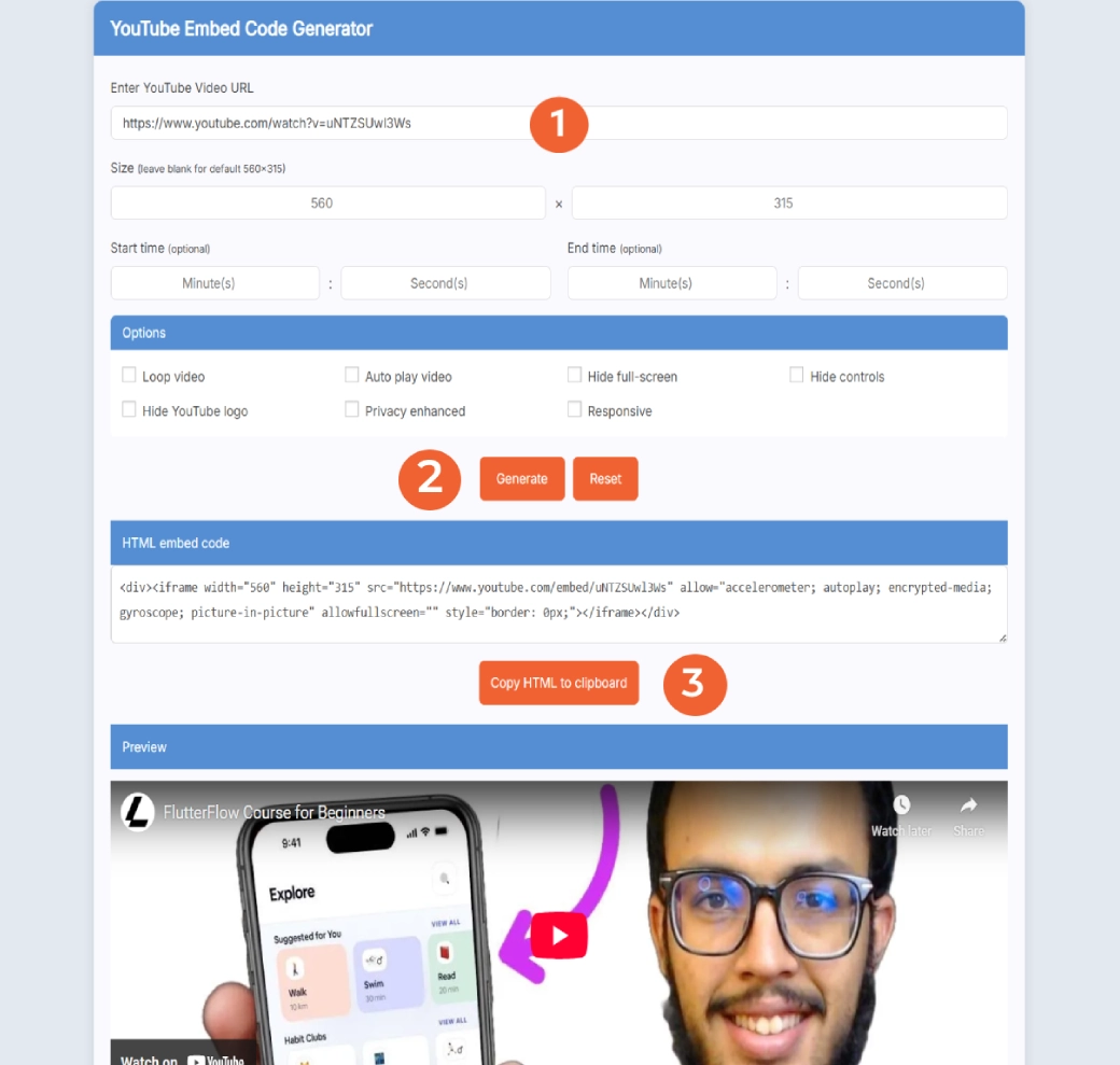 YouTube Embed Code Generator tool interface for customizing video embeds