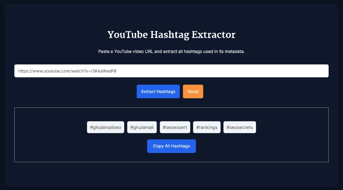 YouTube Hashtag Extractor online tool interface