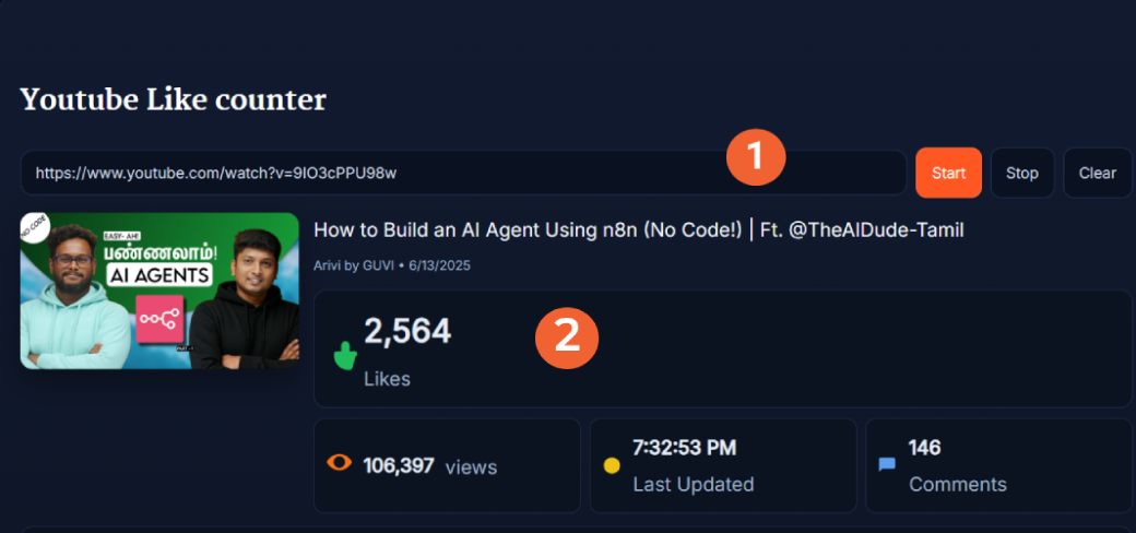 Dashboard of Youtube Like counter showing live likes, views, and comments