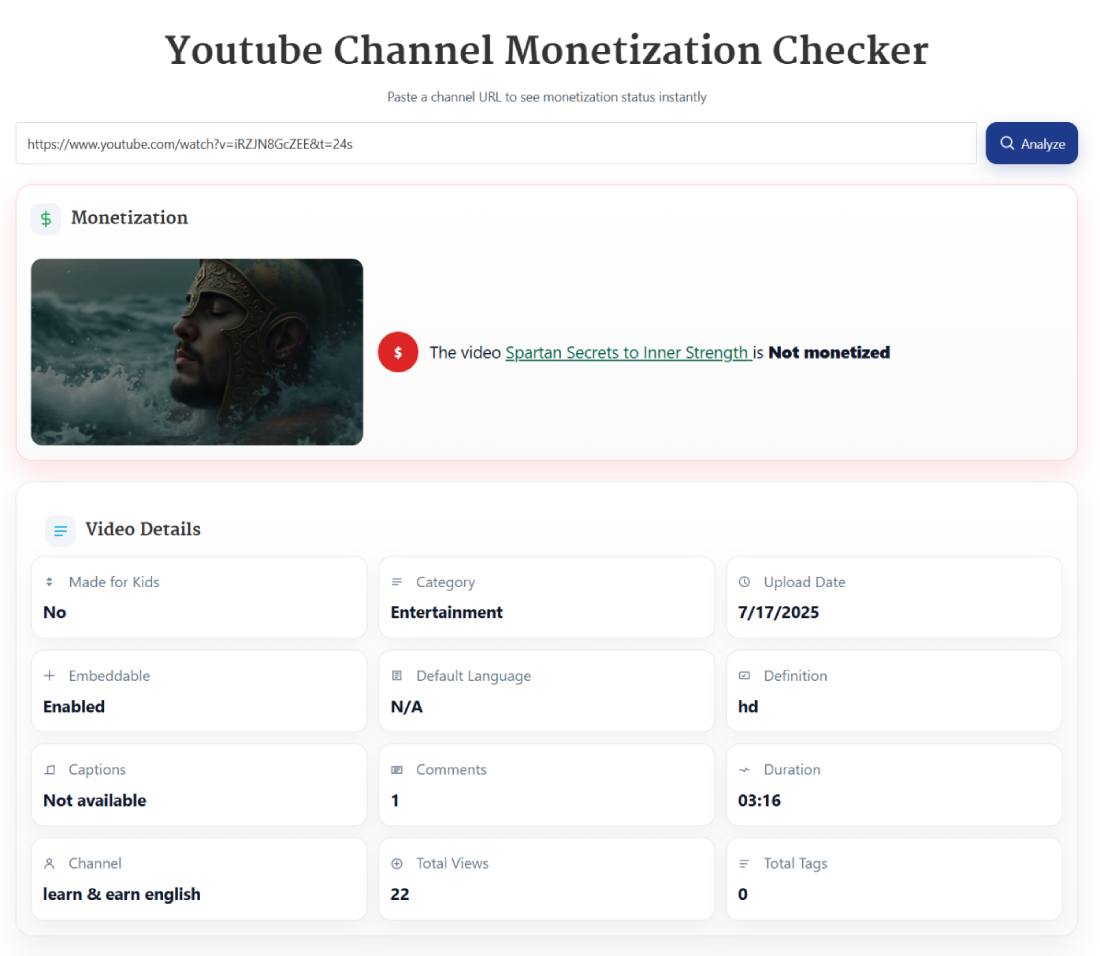 Youtube Channel Monetization Checker dashboard showing monetization status