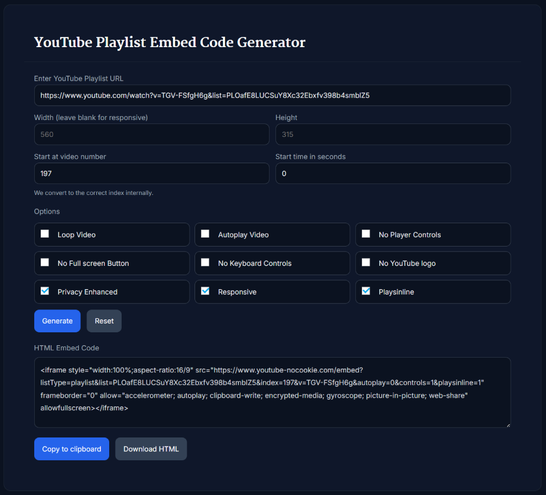 YouTube Playlist Embed Code Generator interface with options and generated iframe