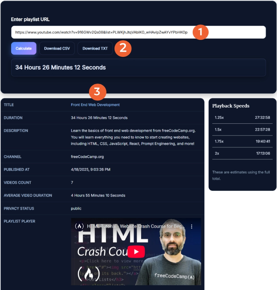YouTube Playlist Length Calculator interface showing total watch time and speed estimates