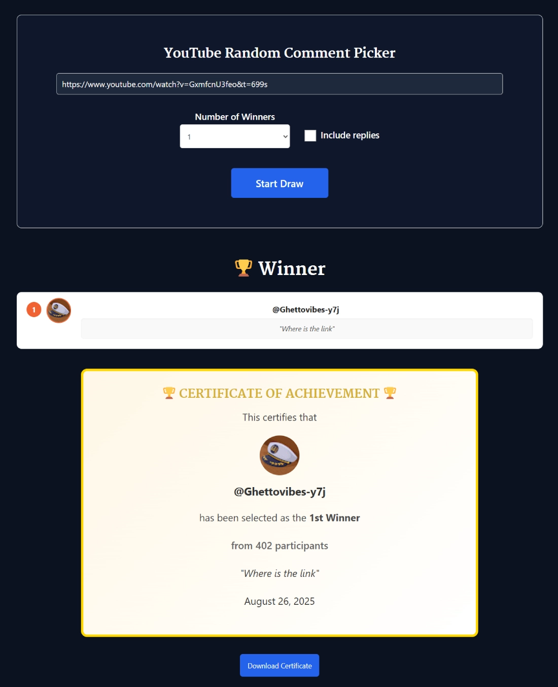 YouTube Random Comment Picker online giveaway tool