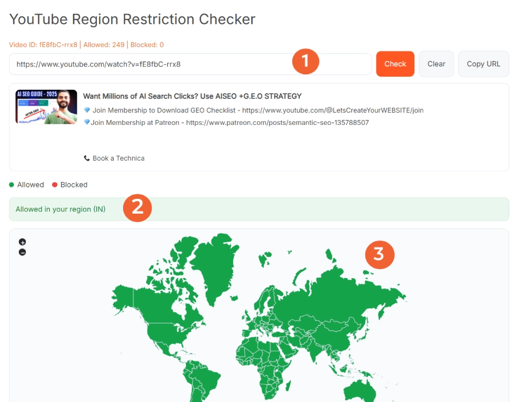 World map showing allowed and blocked countries for a YouTube video