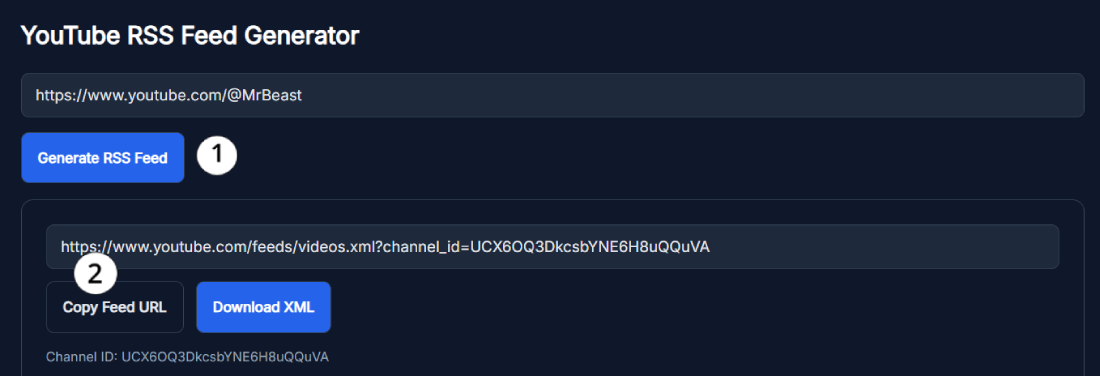 YouTube RSS Feed Generator UI showing feed URL and XML preview