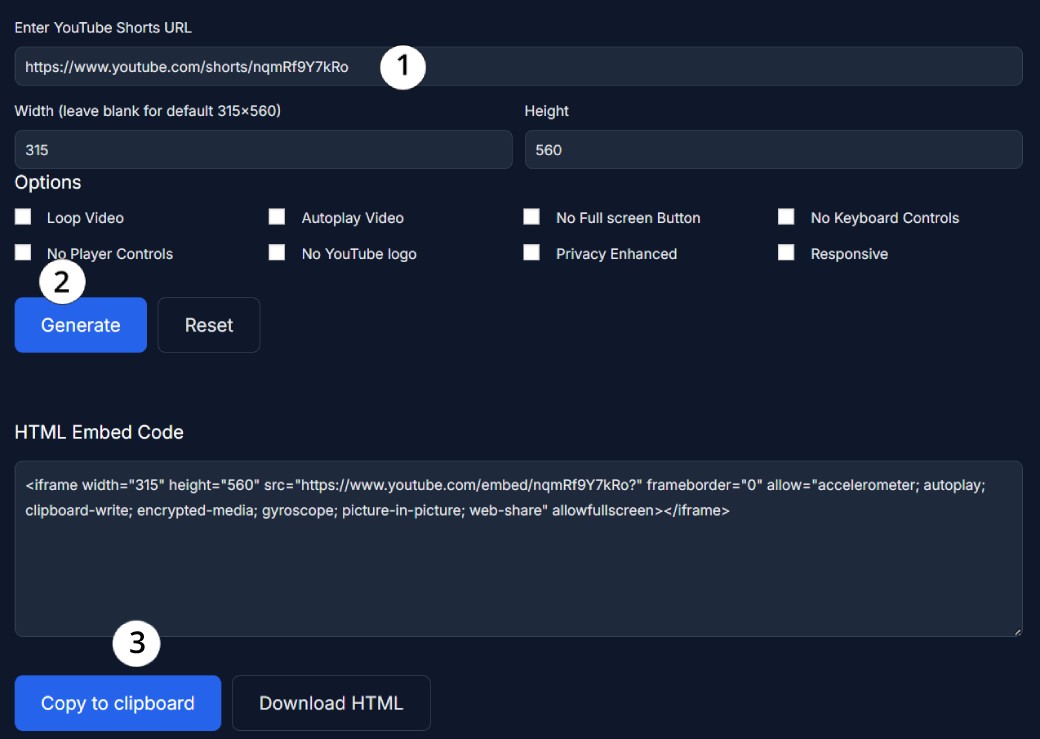 YouTube Shorts Embed Code Generator UI preview
