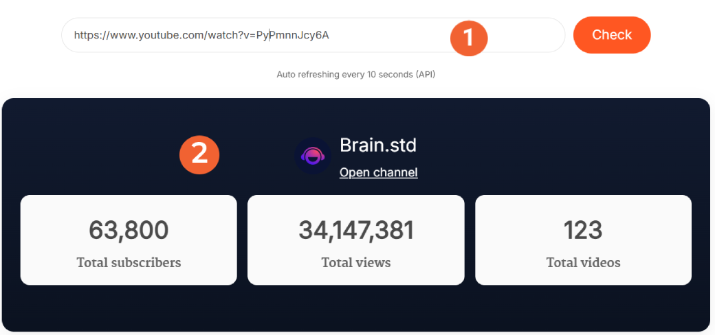 Live dashboard showing subscribers, views, and videos for a YouTube channel