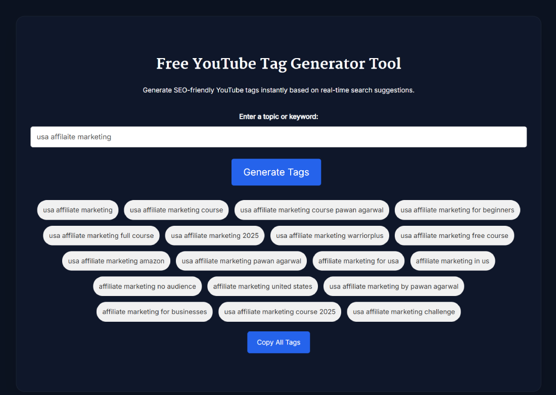 Screenshot of YouTube Tag Generator Tool interface