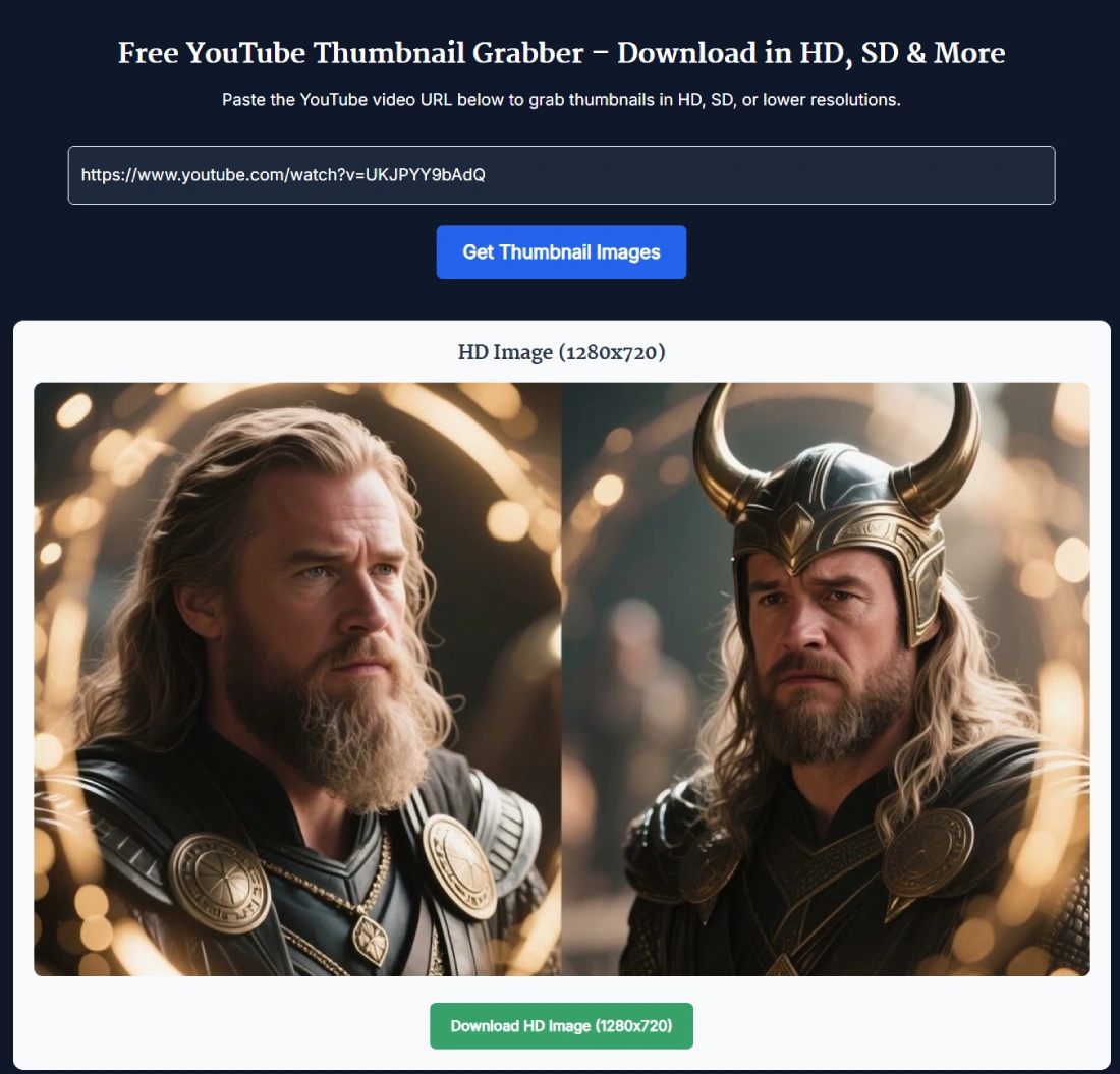 YouTube Thumbnail Grabber showing HD 1280x720 preview with download button