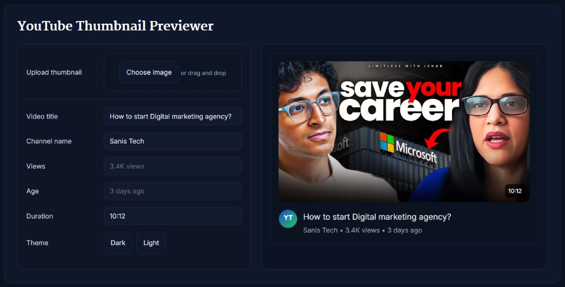 YouTube Thumbnail Previewer online tool interface