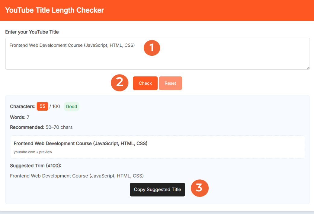 YouTube Title Length Checker tool interface showing title input, character count, and preview with suggested trim.