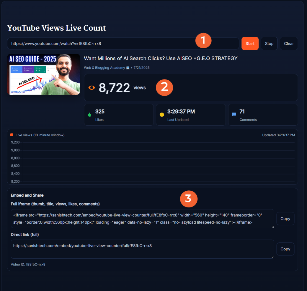 YouTube Views Live Count tool showing live video stats
