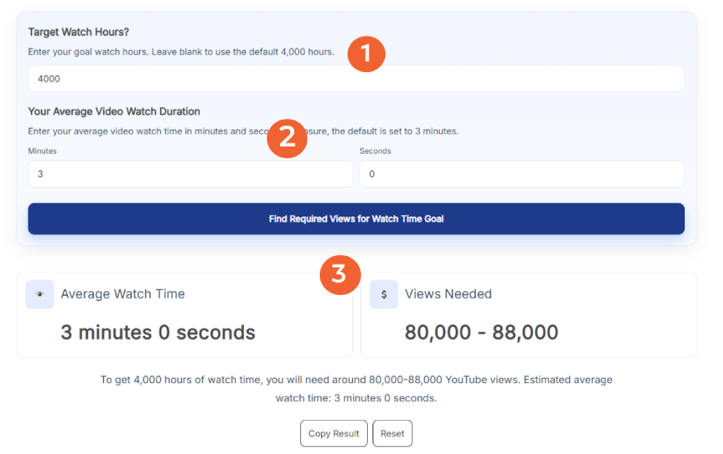 YouTube Watch Time Calculator tool showing fields for target watch hours, average video watch duration, and calculated views needed.