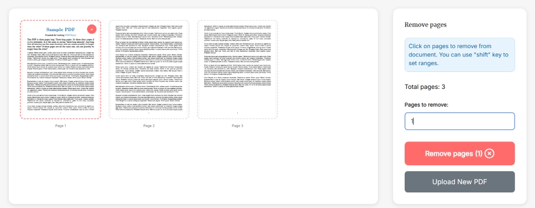 Delete Pages from PDF Online Free tool with upload box and Select PDF button
