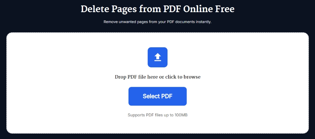 Delete Pages from PDF Online Free tool with upload box and Select PDF button