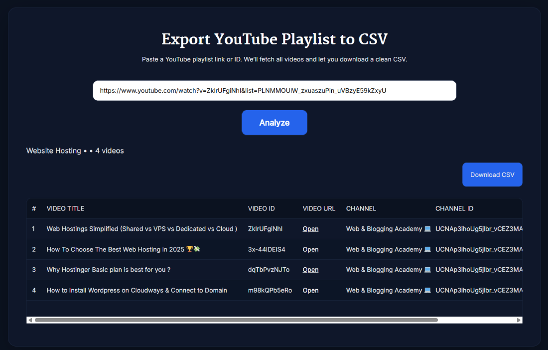 Screenshot of Export YouTube Playlist to CSV tool showing playlist videos with titles, video IDs, URLs, channel names, and a download CSV button.