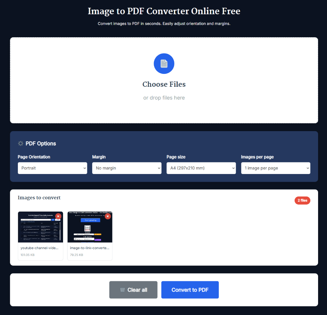 Image to PDF Converter Online Free tool interface with upload and PDF options
