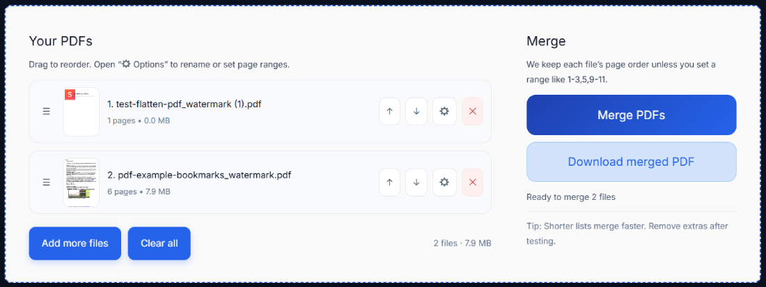Download merged PDF after combining multiple files online free