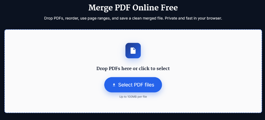 Upload PDFs interface to merge multiple PDF files online free