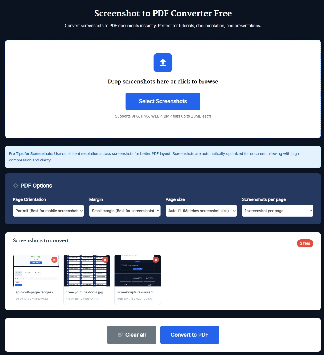 Screenshot to PDF Converter Free tool interface with upload box and PDF options