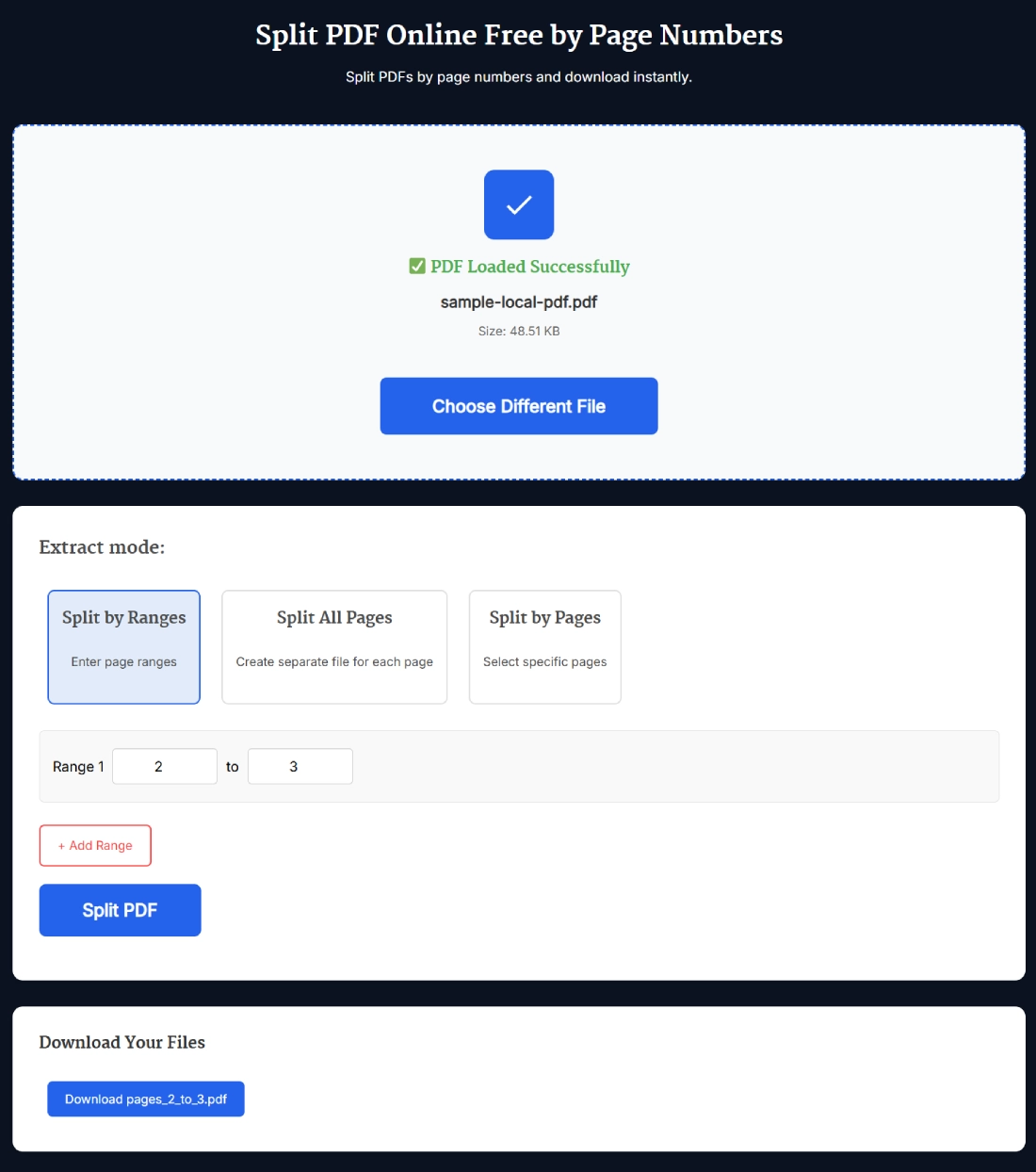 Example of splitting PDF by page ranges online
