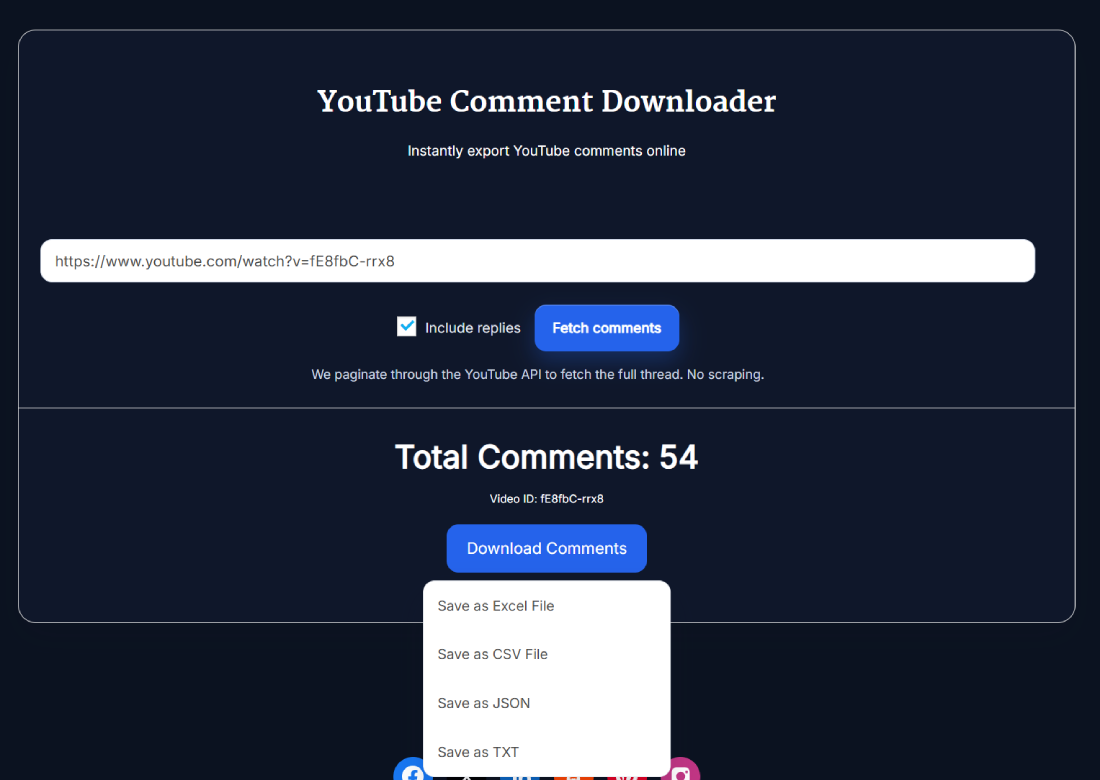 YouTube comment downloader with export dropdown for Excel, CSV, JSON, and TXT