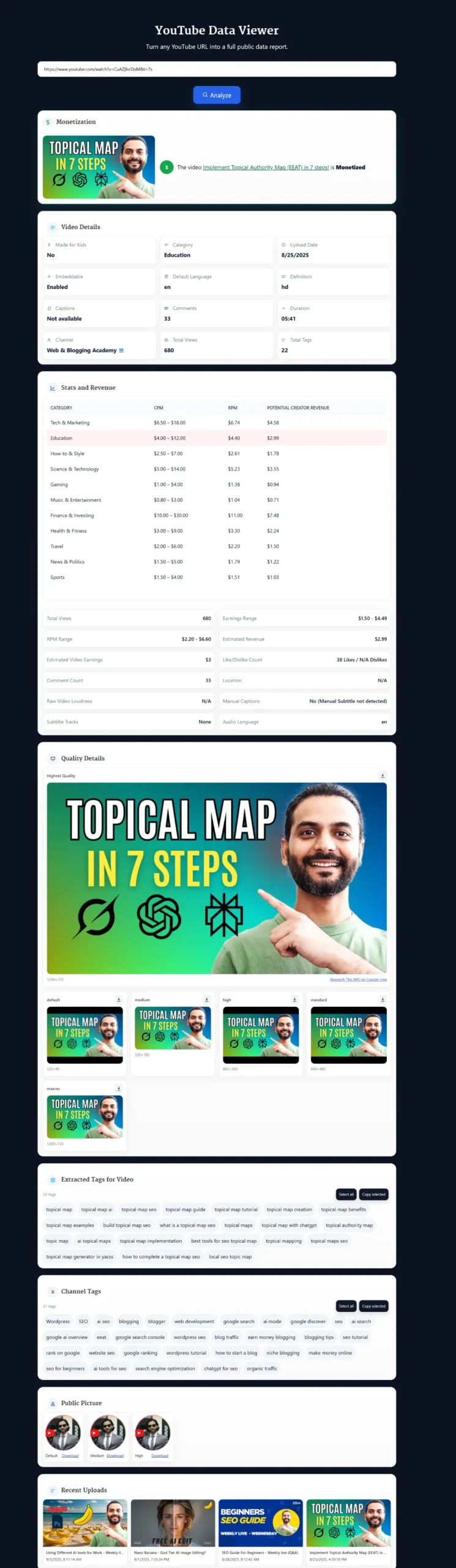 YouTube Data Viewer tool showing video stats and monetization report