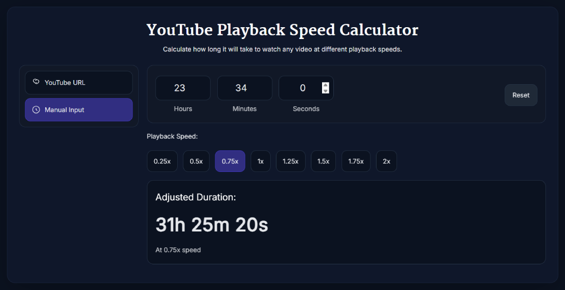 YouTube Playback Speed Calculator manual input mode showing adjusted video duration