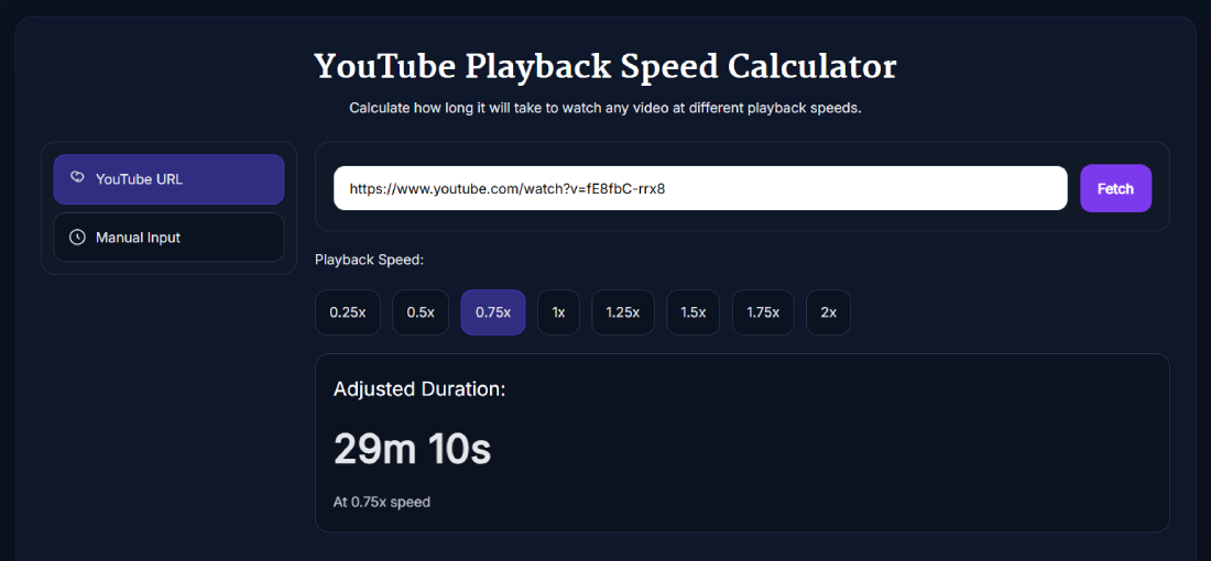 YouTube Playback Speed Calculator with YouTube URL fetch and adjusted playback time