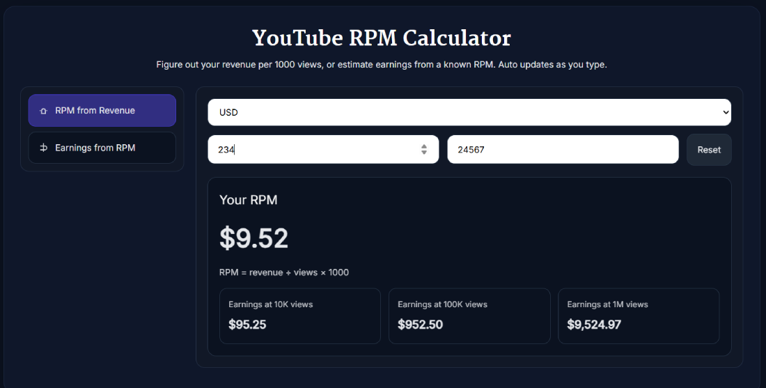 YouTube RPM Calculator showing RPM from revenue calculation with 10K to 1M view benchmarks