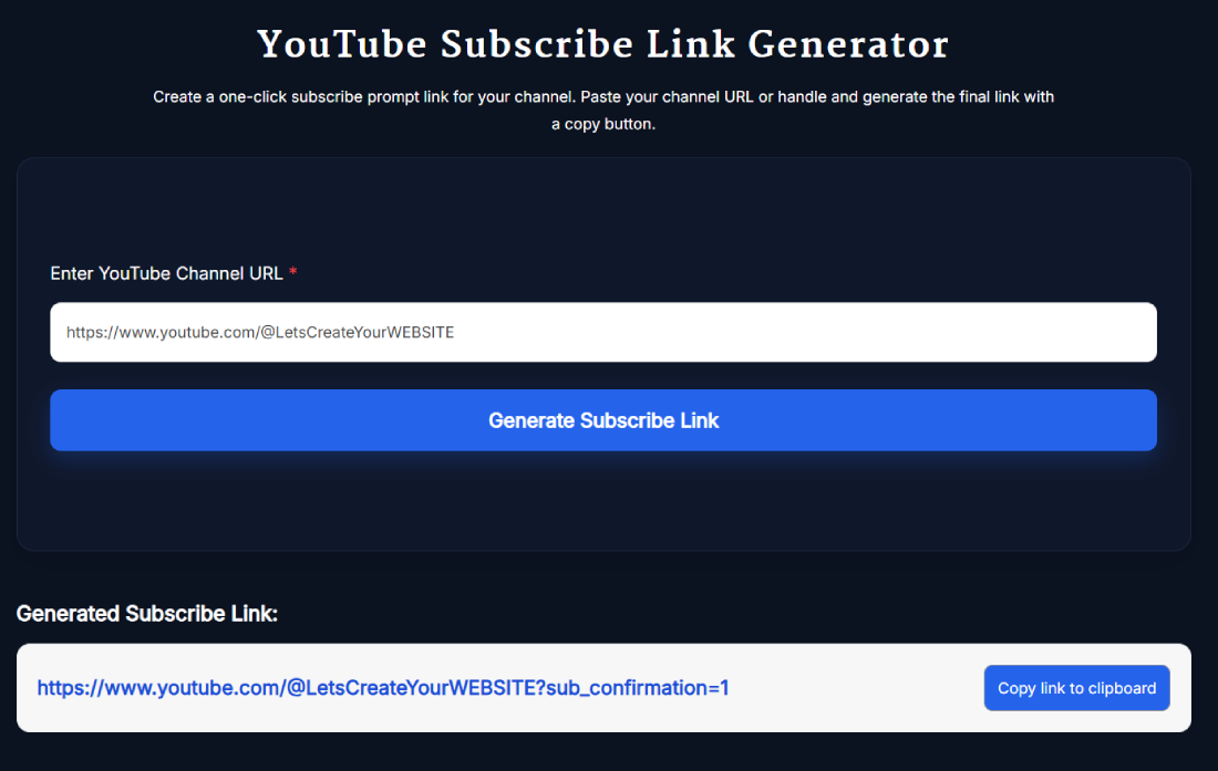 YouTube Subscribe Link Generator online tool to create subscribe links with popup confirmation