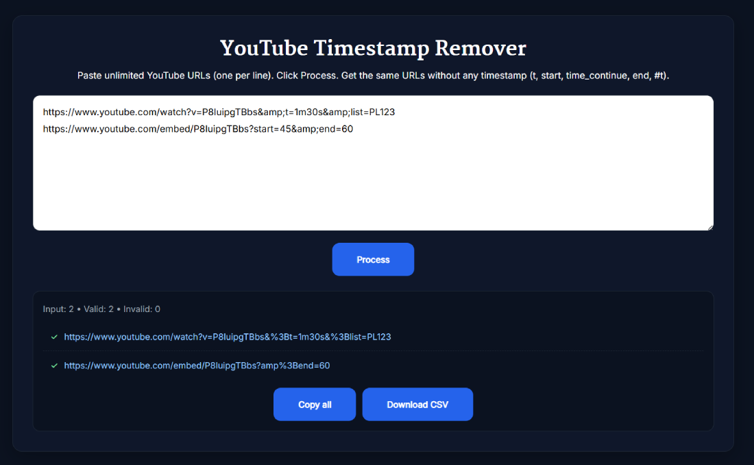 YouTube Timestamp Remover tool UI showing bulk paste and Process result