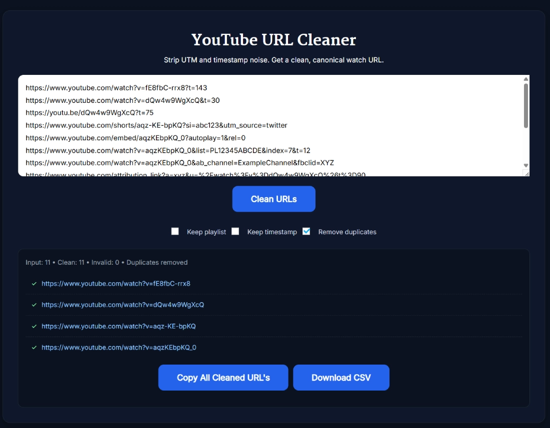 YouTube URL Cleaner interface showing bulk paste, clean URLs, and copy buttons