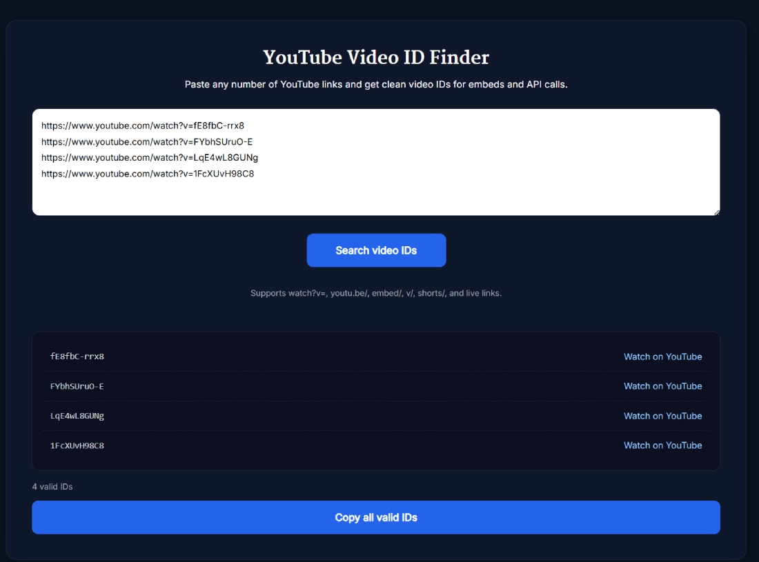 YouTube Video ID Finder tool showing bulk URL input and clean IDs