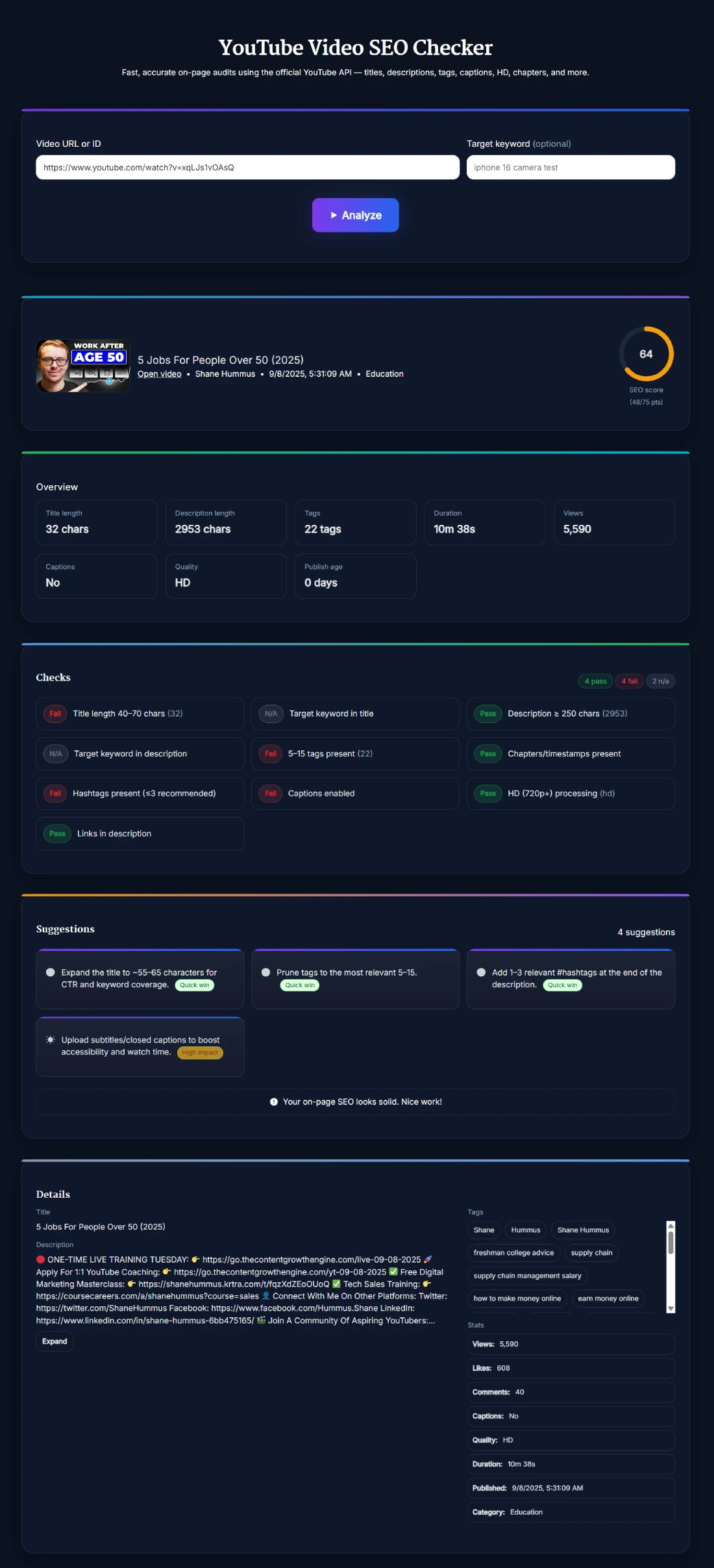 YouTube Video SEO Checker dashboard showing SEO score and checks