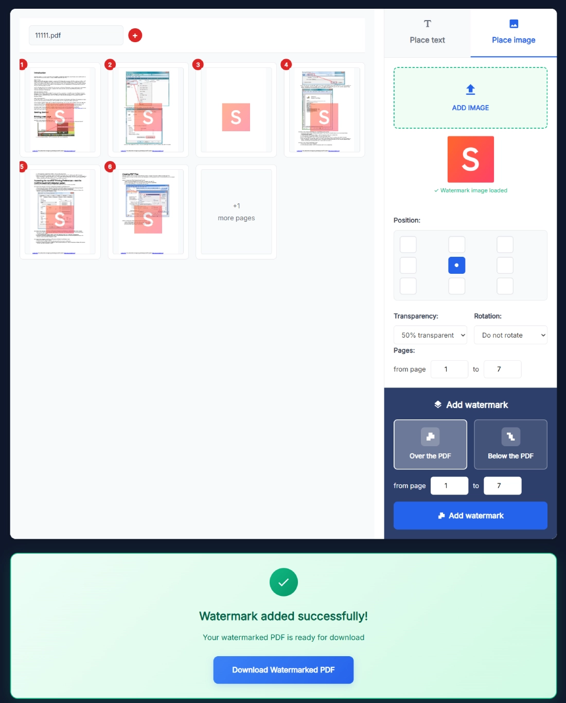 Screenshot of Add Image Watermark to PDF tool showing Place image tab with uploaded logo preview, 3x3 position grid, 50% transparency, page range 1–7, Over/Below the PDF options, Add watermark button, and “Watermark added successfully!” download section.