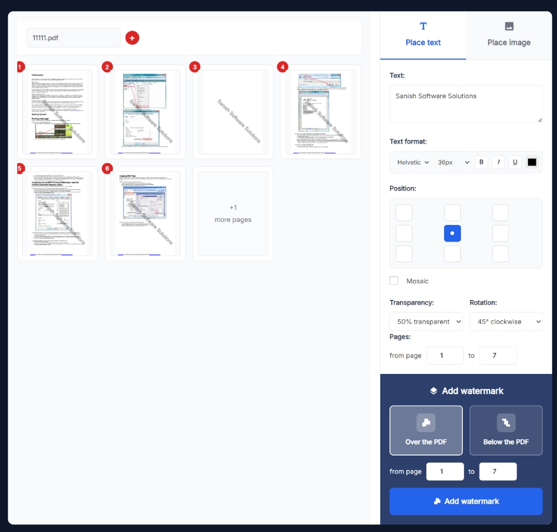 Add Text Watermark to PDF tool with Place text tab, text input, font and size controls, color picker, 3x3 position grid, Mosaic option, transparency and 45° rotation, page range fields, Over/Below the PDF options, and Add watermark button.