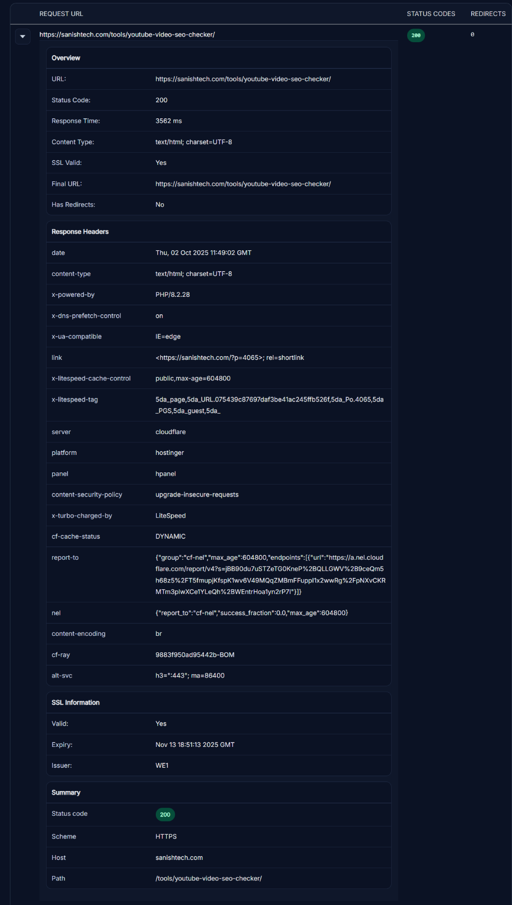 Bulk HTTP Status Checker showing URL status codes, SSL info, redirects, and headers