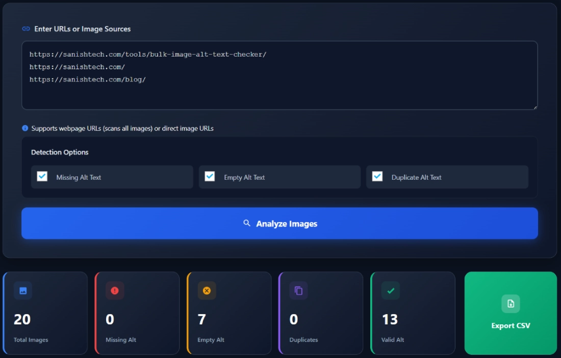 Bulk Image Alt Text Checker tool interface showing URL input, detection options, and image audit results with export CSV option