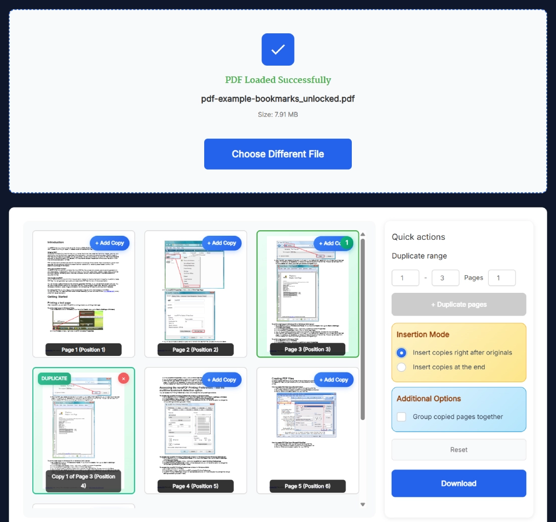 Duplicate pages in PDF online free – browser tool interface with add copy and download buttons visible