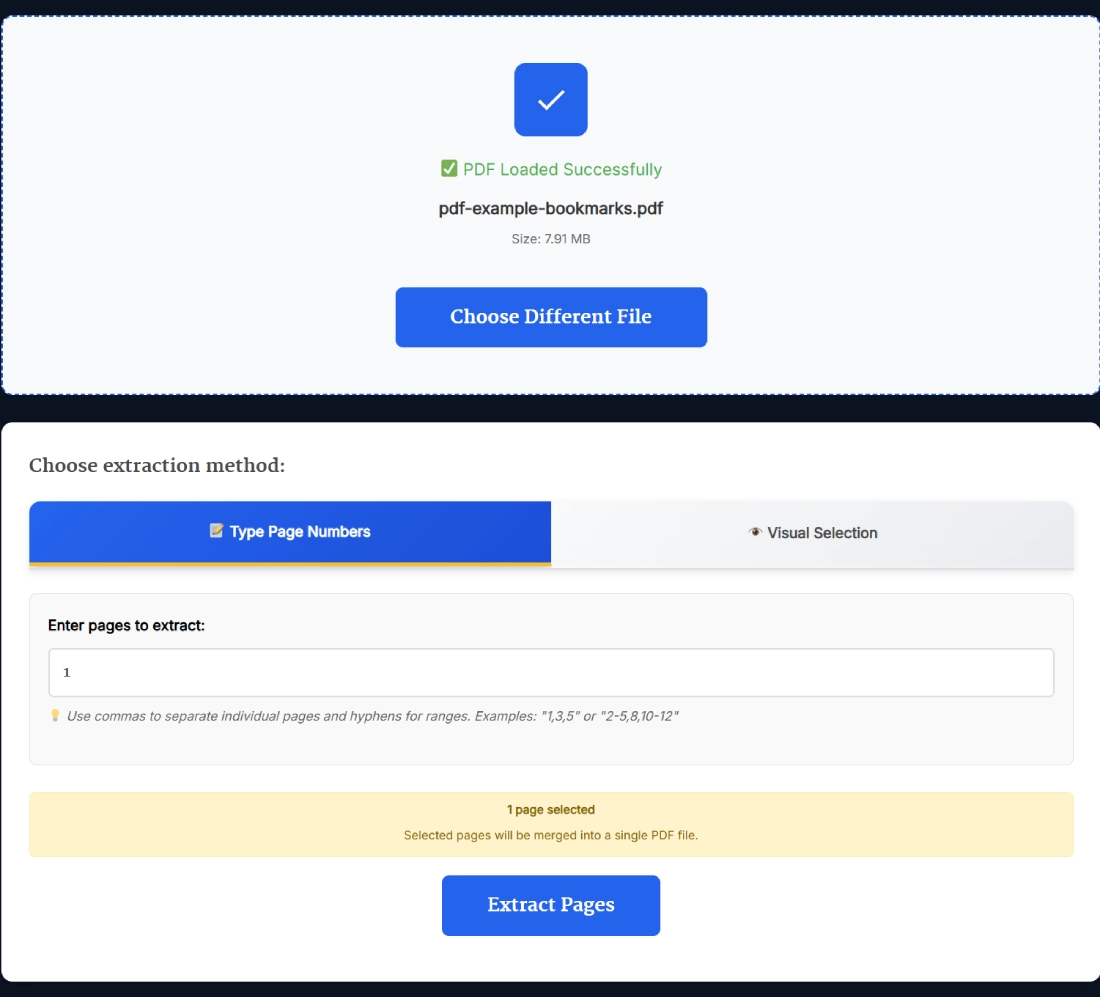 Screenshot of Extract Pages from PDF Online Free tool interface showing uploaded PDF, page number input, and Download Extracted PDF button